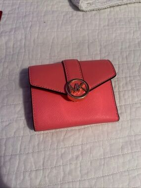 Michael Kors Coral Pink Saffiano Leather Compact Wallet with MK Logo